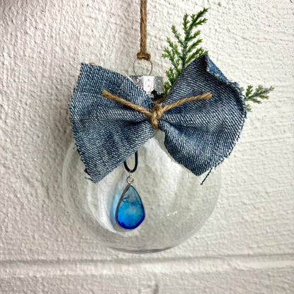 Handmade Denim Bow and Resin Necklace Holiday Ornament / Bulb