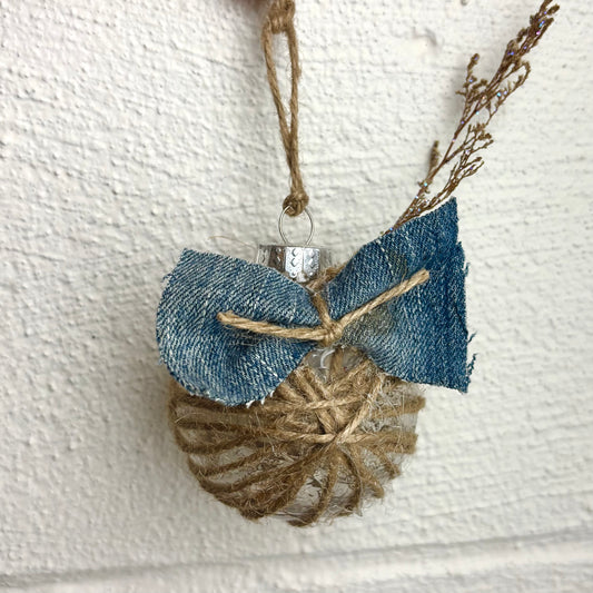 Handmade Denim and Twine Holiday Ornament / Bulb