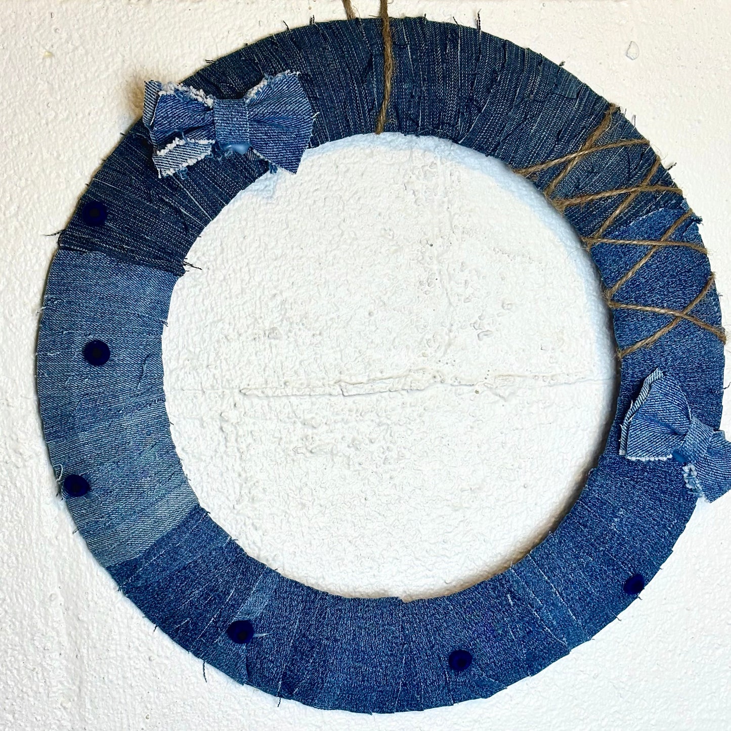 Handmade Denim Button and Bow Wreath