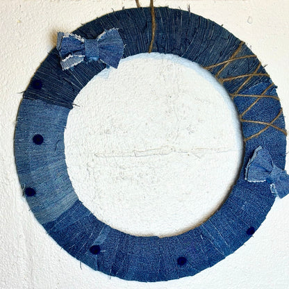 Handmade Denim Button and Bow Wreath
